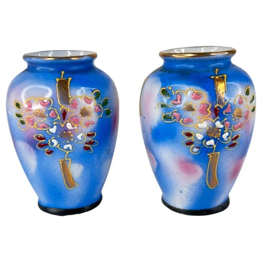 4 Blue Hand Paint Mini Vases Cherry Blossom Floral Design 2.5 IN Inch Made Japan